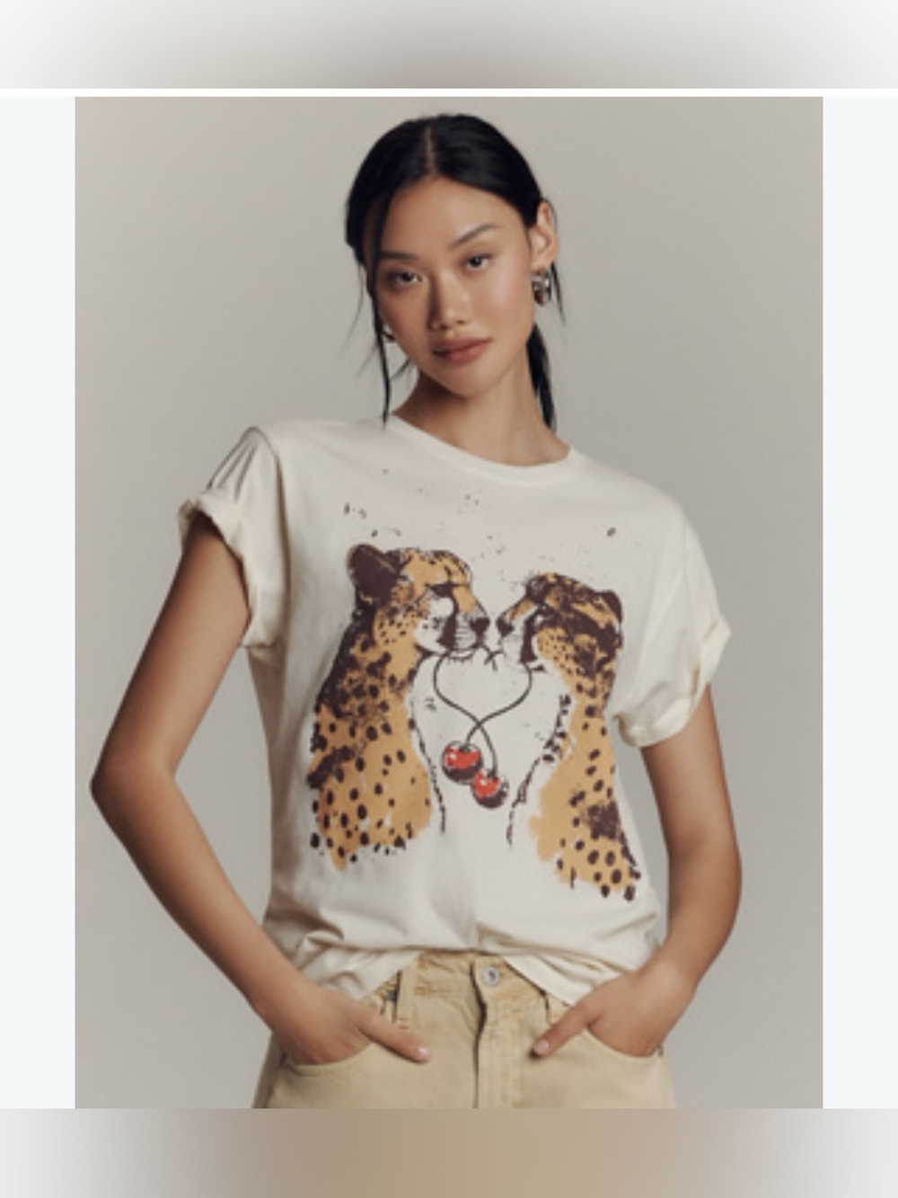 Letluv- anthropology Graphic Short-Sleeve Tee with Cheetah and Cherry Motif